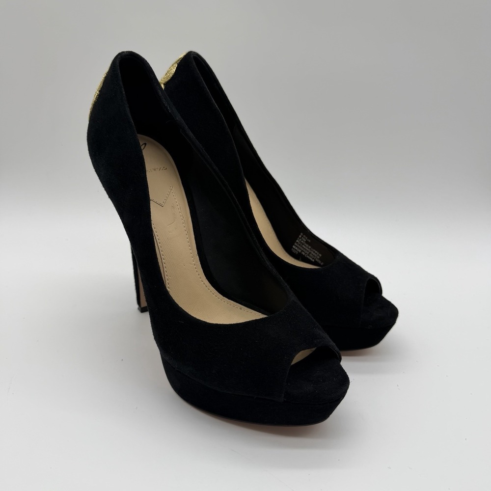Brian Atwood Women's Black Suede Gold Embroidered Accent Pumps 5" Heels Size 8.5